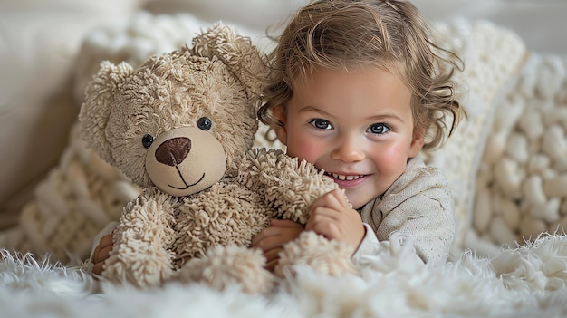 Un niño sonriendo brillantemente mientras abraza a un amigable oso de peluche