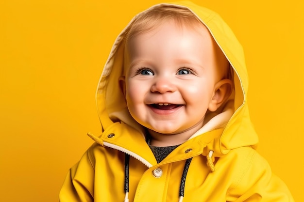 Niño sonriendo a la cámara con capucha amarilla en estudio sobre fondo amarillo