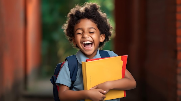 Un niño sonriendo de camino a la escuela.