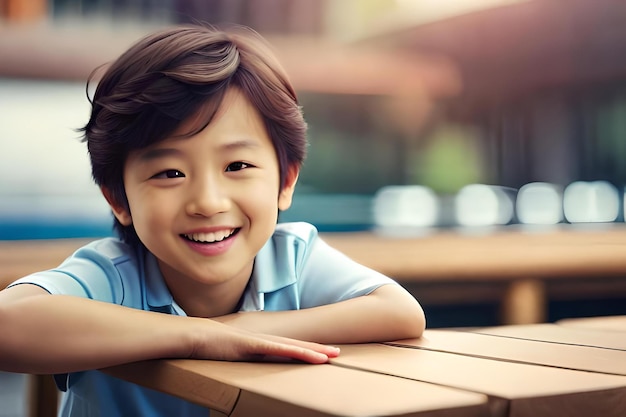 Un niño sonriendo con una camisa azul que dice 'soy un niño'