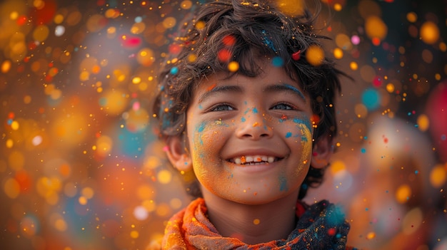 Niño sonriendo con colorido polvo de Holi en su cara durante el Festival