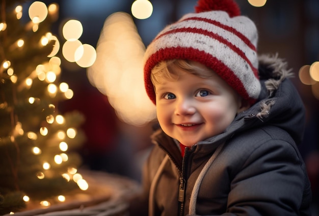 niño sonriendo delante de las decoraciones navideñas