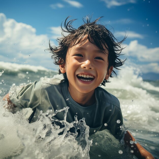 Foto niño sonriendo mientras monta una ola en una tabla de surf en el océano generativo ai