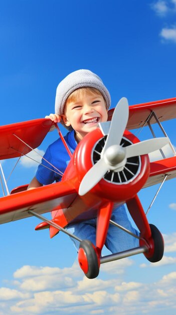 Foto un niño está sonriendo mientras viaja en un avión rojo