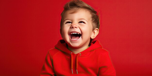 Foto el niño está sonriendo sobre fondo rojo del estudio