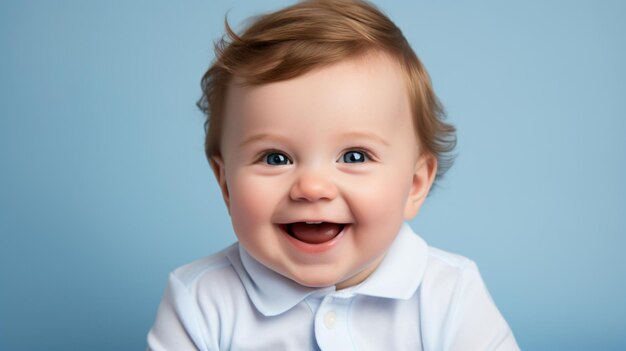 un niño sonriendo y vistiendo una camisa blanca