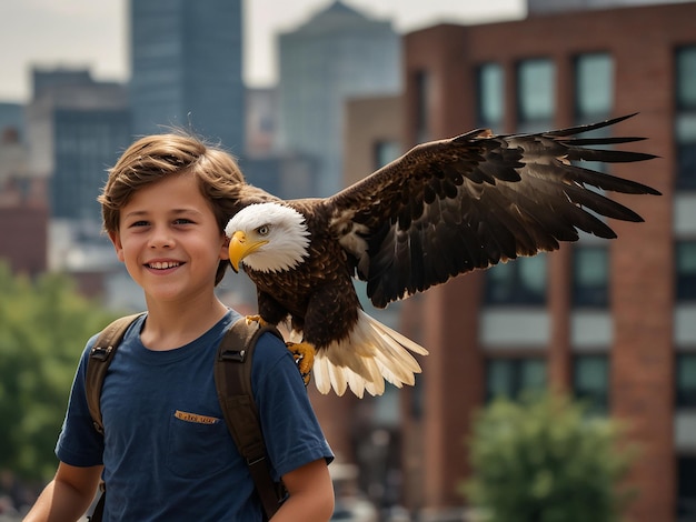 Foto niño sonriente con un águila en el hombro