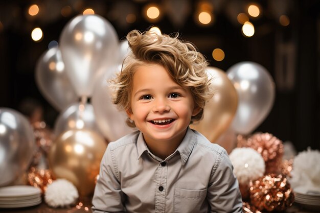 Un niño sonriente con el cabello rizado disfrutando de su fiesta de cumpleaños rodeado de globos metálicos