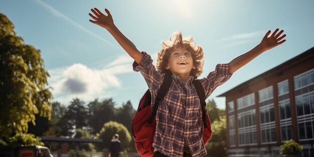 Un niño sonriente camina alegremente hacia la escuela con los brazos extendidos y llenos de alegría. Un nuevo día, nuevos conocimientos, nuevos amigos esperan. IA IA generativa.