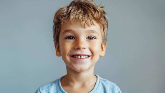 un niño sonriente con una camisa azul que dice "sonríe"