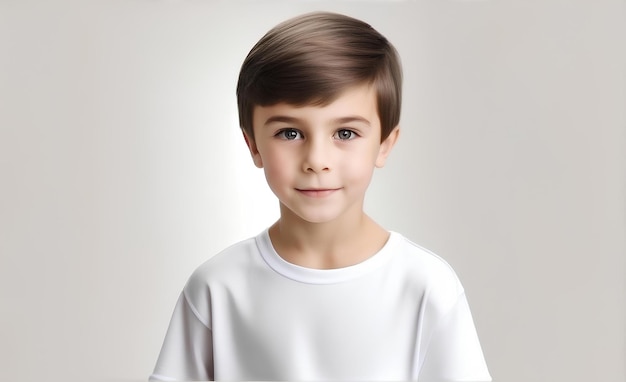 Niño sonriente en una camiseta blanca con pelo corto sobre un fondo blanco ai