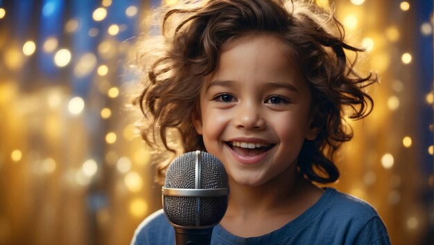 Un niño sonriente cantando con una camiseta azul y cabello largo canta en el micrófono sobre un fondo mágico azul y amarillo