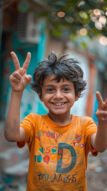 Niño sonriente con la cara pintada haciendo señales de paz