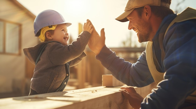 Foto un niño sonriente con un casco está dando un highfive a su padre en equipo de construcción que simboliza un momento de alegría y unión