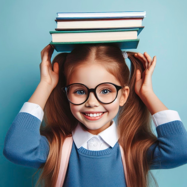 niño sonriente chica de la escuela con gafas sostiene libros en la cabeza ai generativo