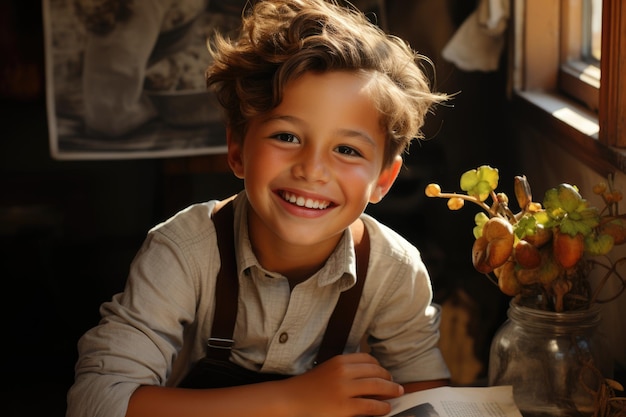 Niño sonriente en una cocina hogareña con luz natural