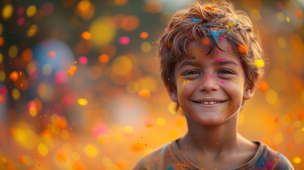 Niño sonriente y cubierto de confeti de colores