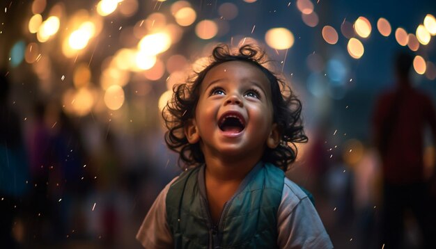 Un niño sonriente disfruta de una celebración de invierno al aire libre iluminada por luces navideñas generadas por inteligencia artificial