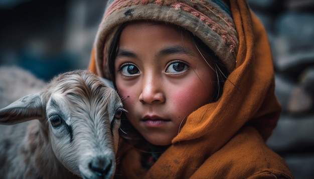 Niño sonriente disfruta de la compañía de sus amigas cabras generadas por IA