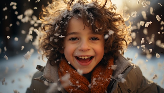 Un niño sonriente disfruta de una divertida diversión invernal en la nieve generada por inteligencia artificial