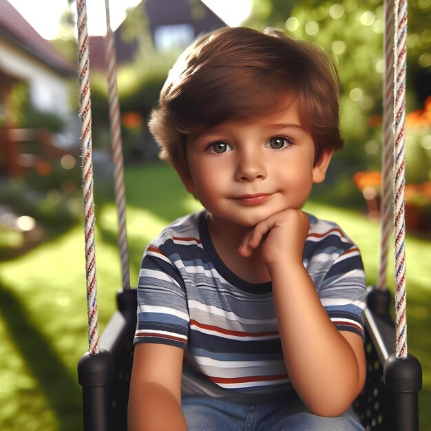 Un niño sonriente disfrutando de un balanceo pacífico en un exuberante patio trasero al atardecer