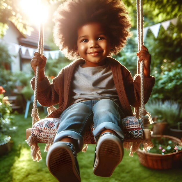 Un niño sonriente disfrutando de un balanceo pacífico en un exuberante patio trasero al atardecer