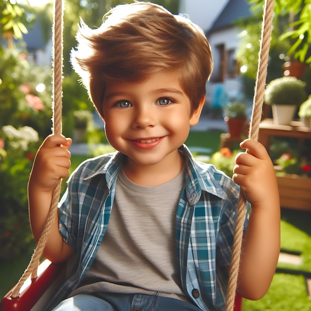 Un niño sonriente disfrutando de un balanceo pacífico en un exuberante patio trasero al atardecer