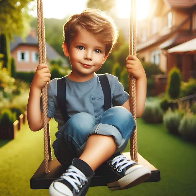 Un niño sonriente disfrutando de un balanceo pacífico en un exuberante patio trasero al atardecer