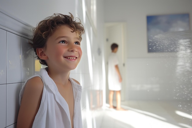 Niño sonriente duchándose en un baño blanco por la mañana