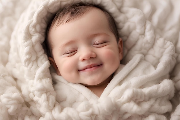 Un niño sonriente envuelto en una toalla duerme contento.