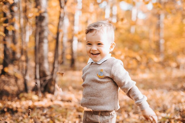 Niño sonriente feliz en el parque con hojas de otoño