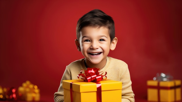 Niño sonriente feliz sosteniendo una caja de regalo sobre un fondo de color