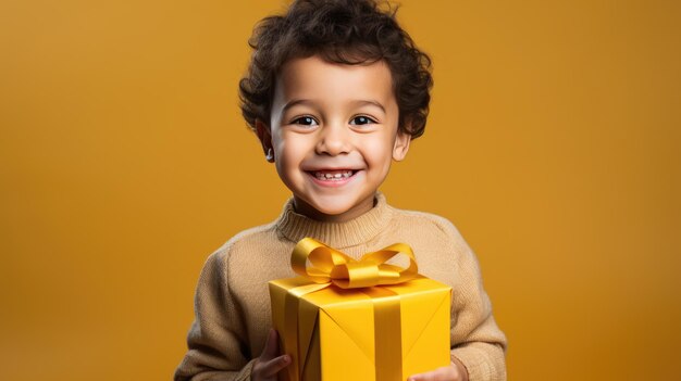 Niño sonriente feliz sosteniendo una caja de regalo sobre un fondo de color