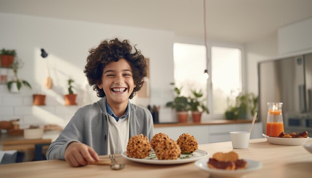 Foto un niño sonriente felizmente comiendo deliciosas galletas y riendo en la cocina acogedora