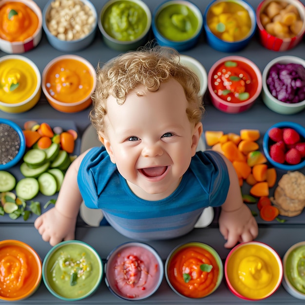 Foto niño sonriente frente a coloridos tazones de comida