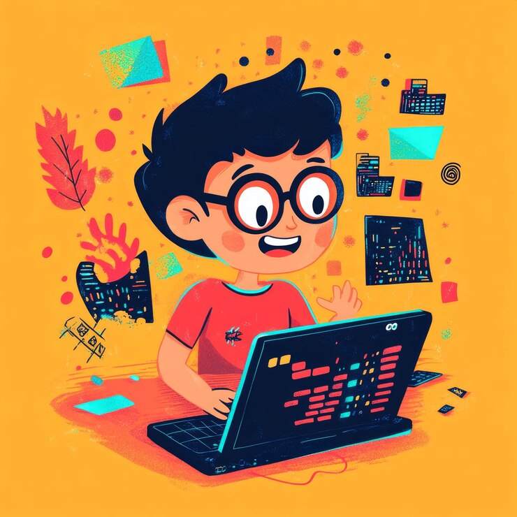 Foto niño sonriente con gafas usando una computadora portátil