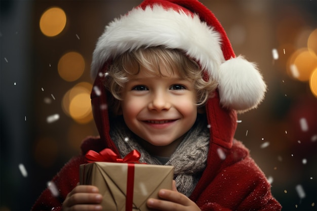 Niño sonriente con gorro de Papá Noel y caja de regalo de Navidad