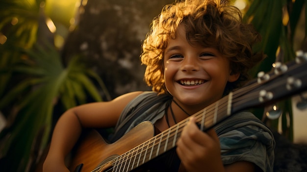 Foto niño sonriente con guitarra frente a un árbol y el sol ia generativa