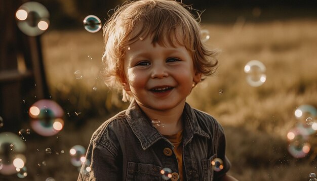 Niño sonriente haciendo burbujas en la belleza de la naturaleza generada por IA