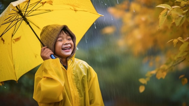 Niño sonriente en un impermeable niño jugando en el niño de la lluvia en el árbol amarillo de otoño en la lluvia de primavera de otoño Ai generativo