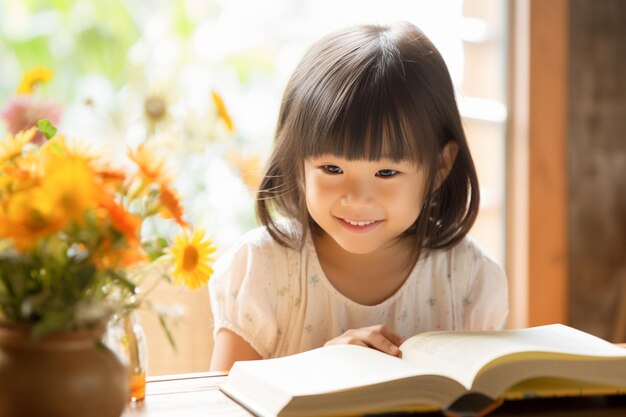 Foto niño sonriente leyendo un libro