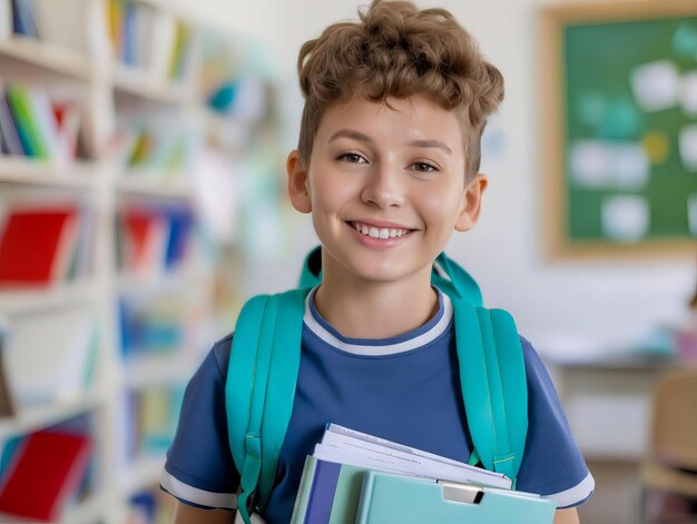 Foto un niño sonriente con libros en una biblioteca