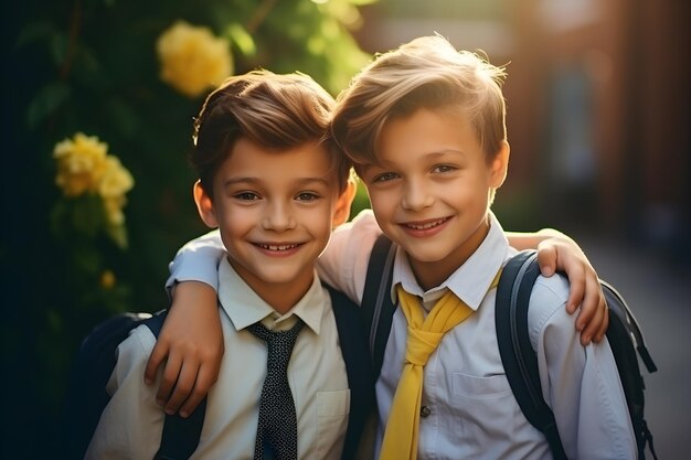 niño sonriente de los mejores amigos de la escuela afuera cerca del concepto de jardín escolar ai