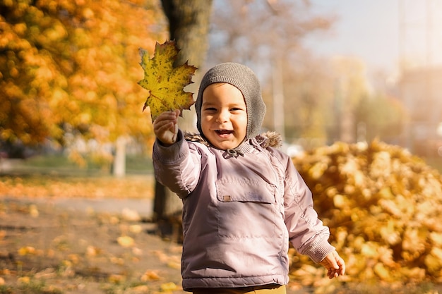 Niño sonriente con un montón de hojas de arce amarillas en otoño park