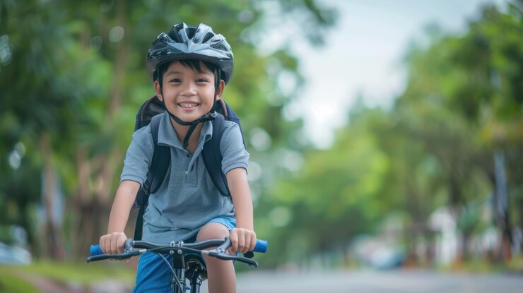 Niño sonriente que va en bicicleta a la escuela Concepto publicitario de regreso a la escuela