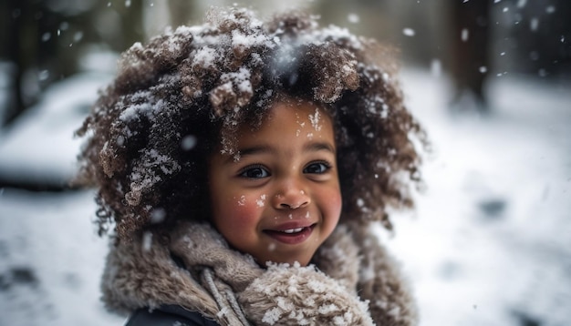 Niño sonriente con ropa abrigada disfruta de la nieve generada por IA