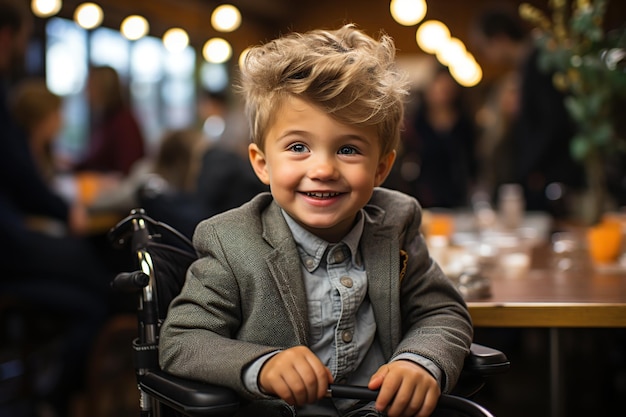 Niño sonriente en silla de ruedas IA generativa