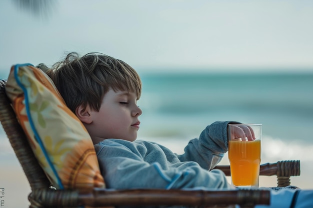 Niño sonriente en un sillón con un vaso de jugo en la playa