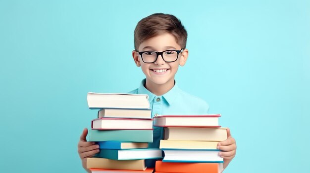 Niño sonriente sosteniendo un montón de libros sobre fondo azul con espacio para copiar Regreso a la escuela