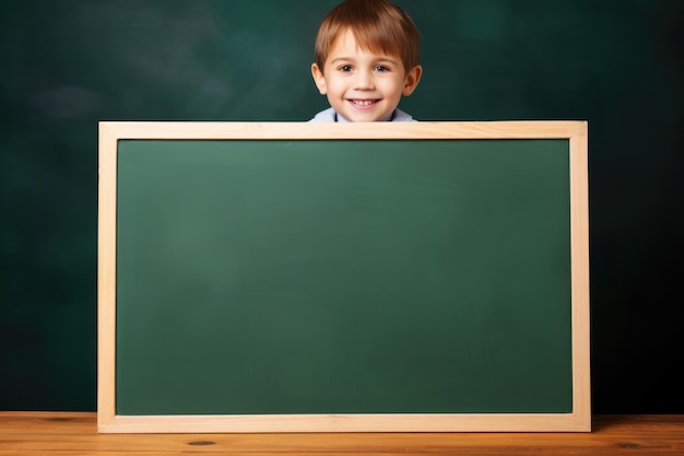 niño sonriente sosteniendo una pizarra con un lugar para el mockup de texto